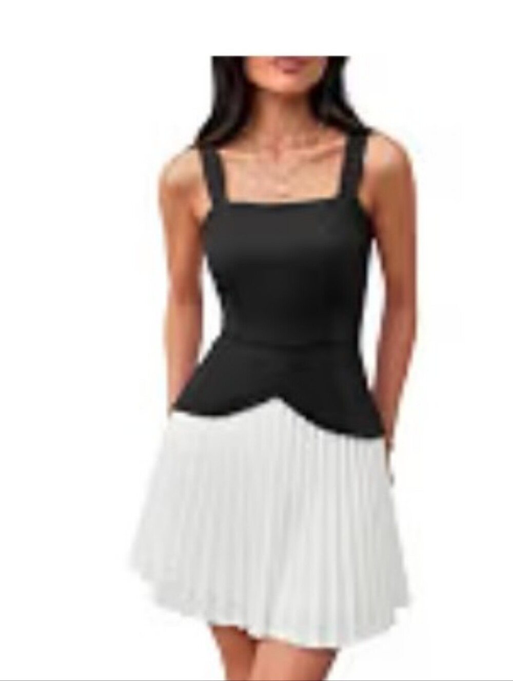 NWT Angashion Square Neck Colorblock Pleated A-Line Mini Dress Black White Large
